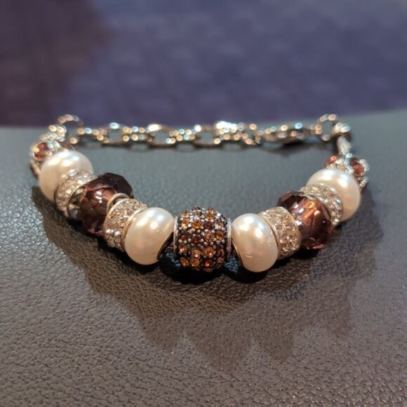 Bella Perlina Pandora Style Charm Bracelet Rhinestone Pearl Silver Customizable - Picture 4 of 12